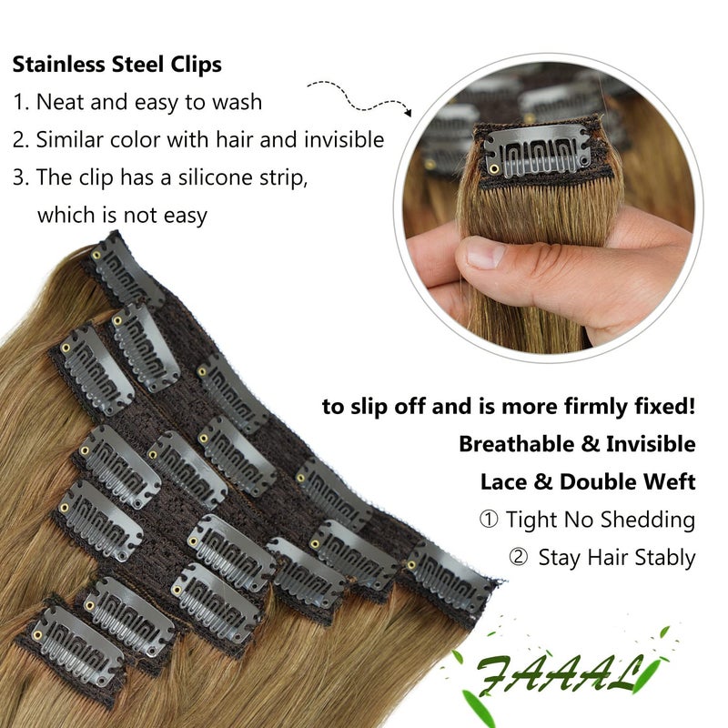 FAAAL 18" Clip in Human Hair Extensions Full Head 150g 7 Pieces 16 Clips 8# Light Brown Double Weft Brazilian Real Remy Hair Extensions Thick Straight Silky (18" 150g, Light Brown) - Image 4